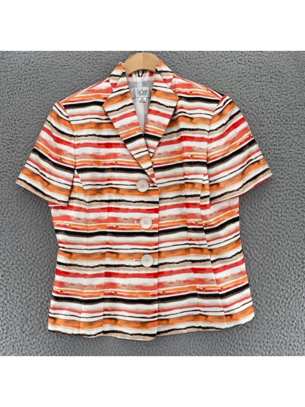 Le Suit Blazer Womens 6 Petite Orange Black Striped Short Sleeve Button Belted